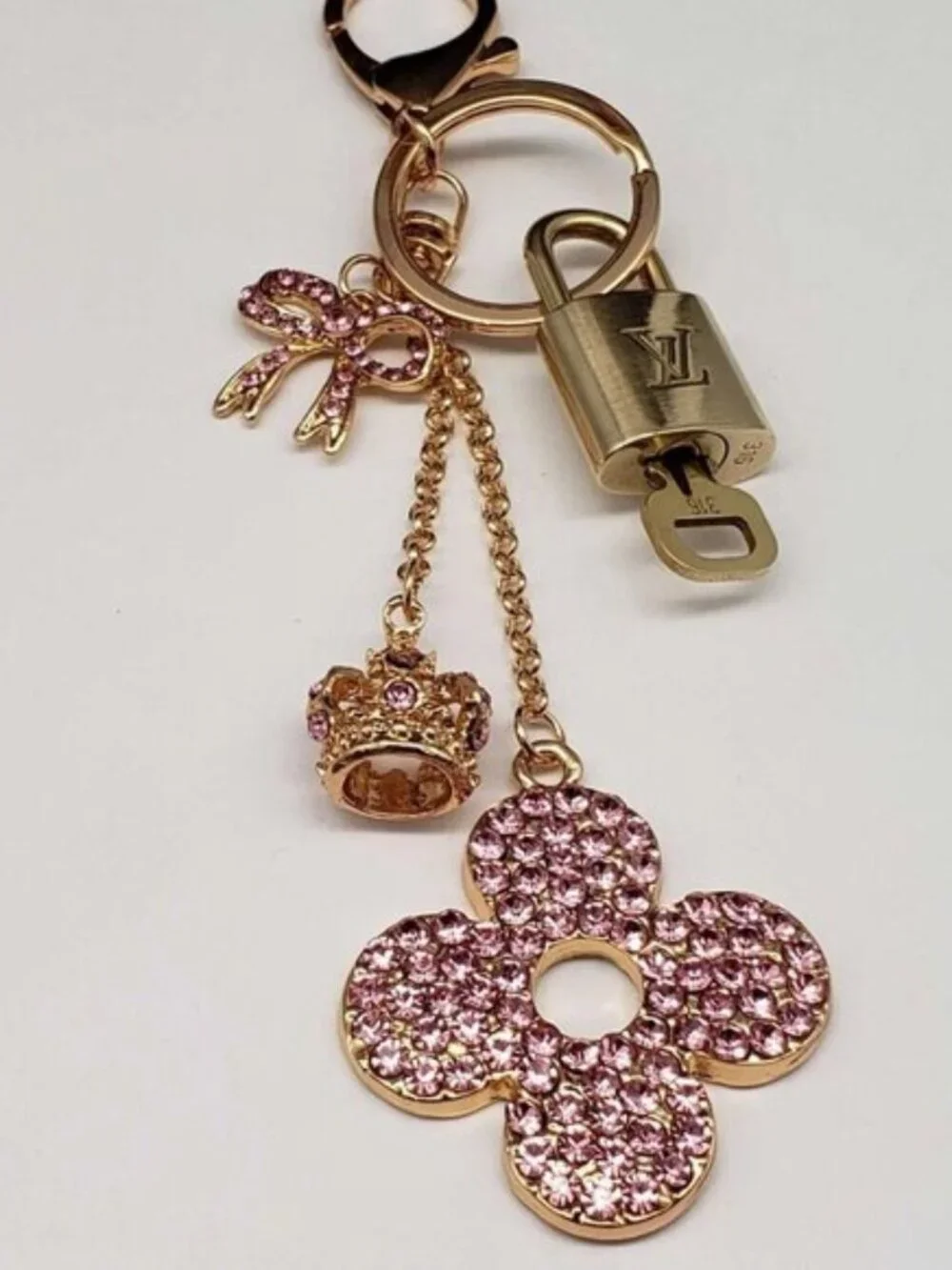 LV Authentic Gold Lock & Key 🔑 Luxury Bag Charm w/ Unbranded Flower Keychain
